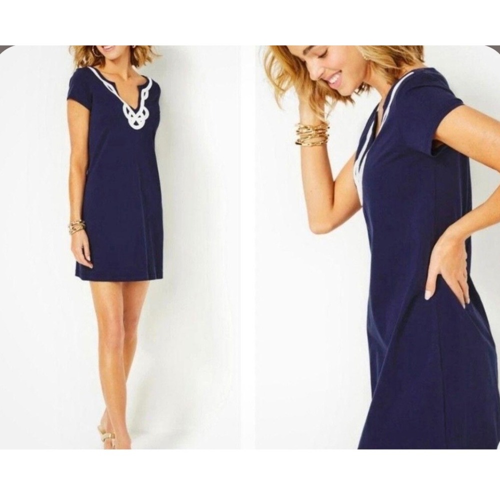 Lilly Pulitzer Navy Blue Rope Lattice V-Neck Shift Dress XS Short  Nautical